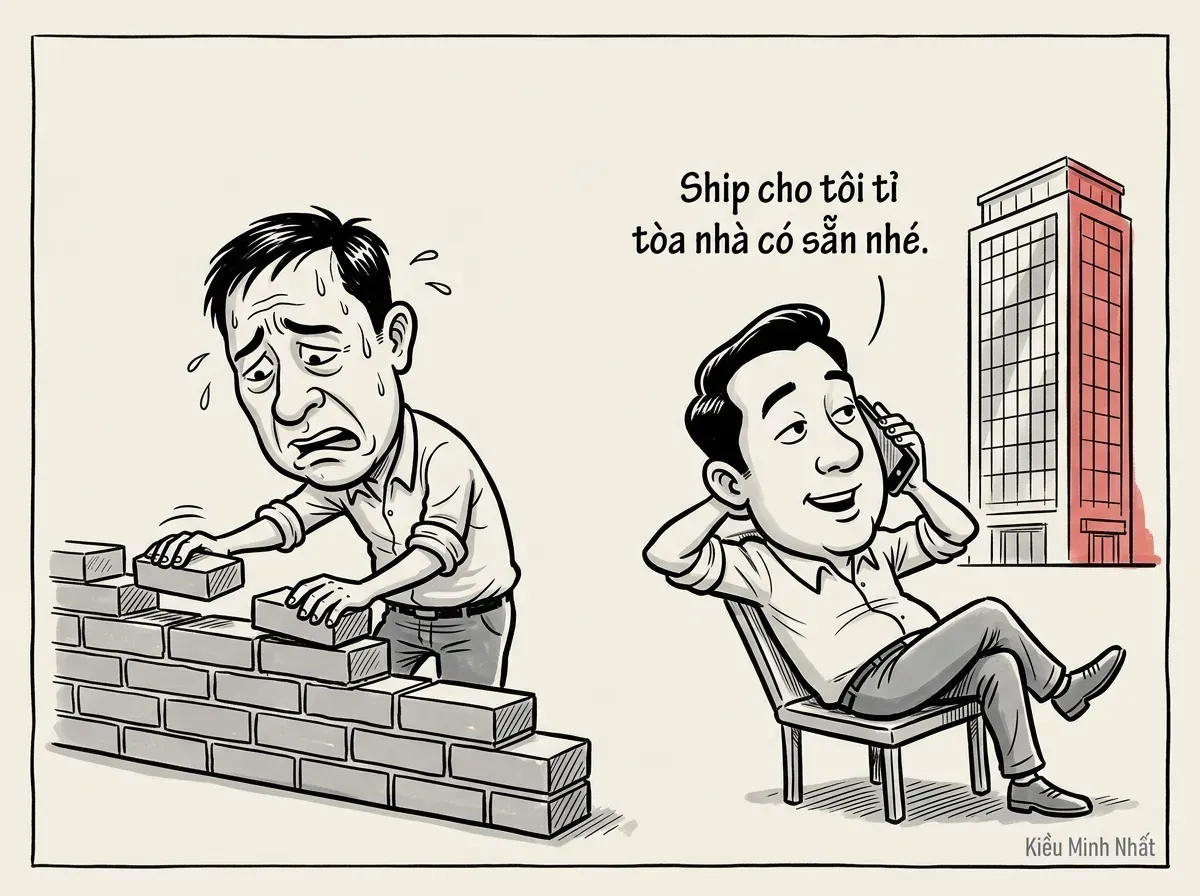 Biếm họa solopreneur ngồi một mình điều hành đế chế bằng AI