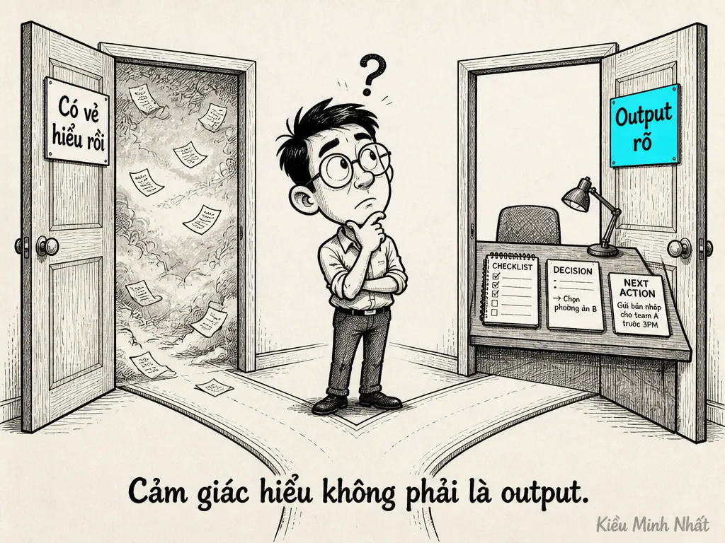 Hai nhánh làm việc: một bên dừng ở đã đọc, một bên chưng cất thành checklist áp dụng