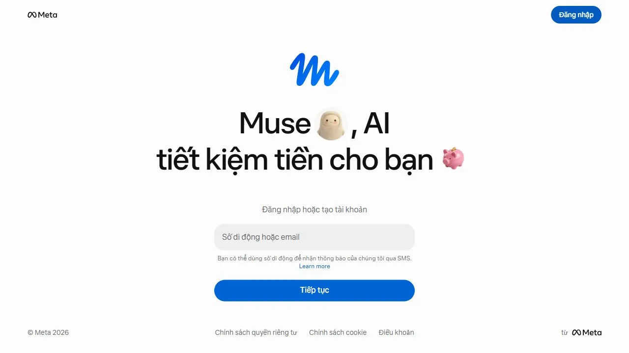 Trang đăng nhập Muse: nhập email hoặc số điện thoại rồi bấm Tiếp tục